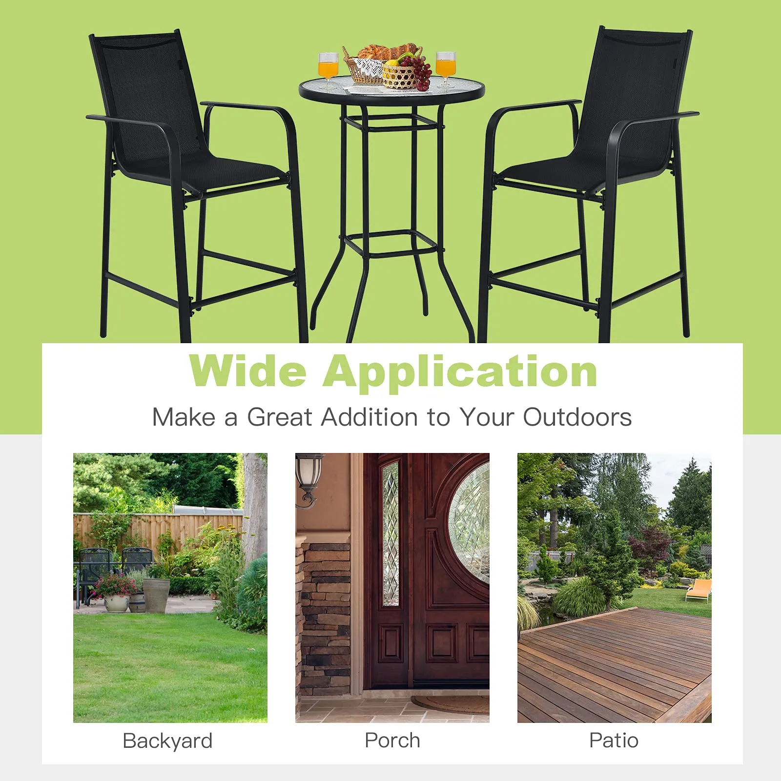 3 Pieces Outdoor Patio Bar Set, Outdoor Bistro Set with 2 Bar Stools and 1 Tempered Glass Bar Table