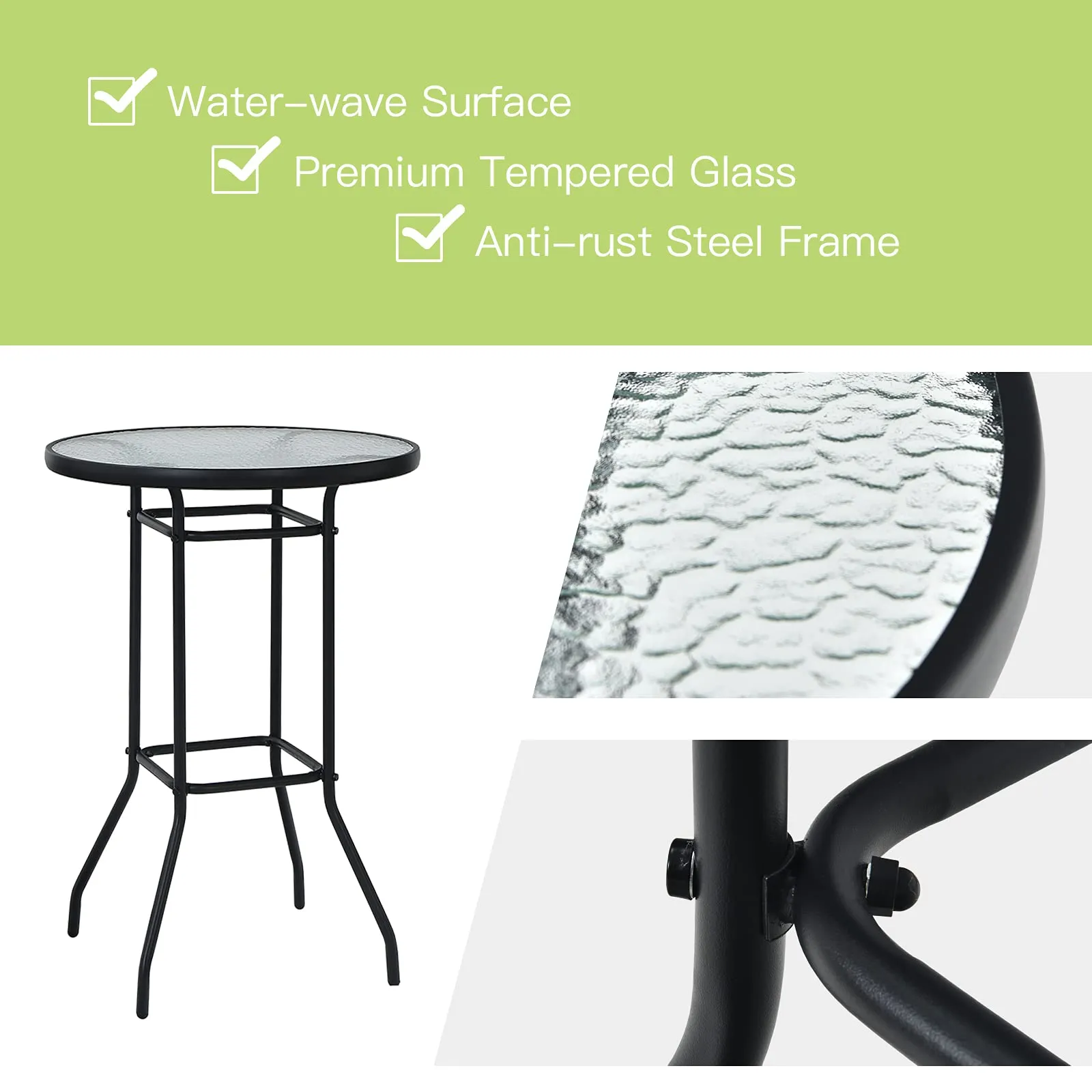 3 Pieces Outdoor Patio Bar Set, Outdoor Bistro Set with 2 Bar Stools and 1 Tempered Glass Bar Table