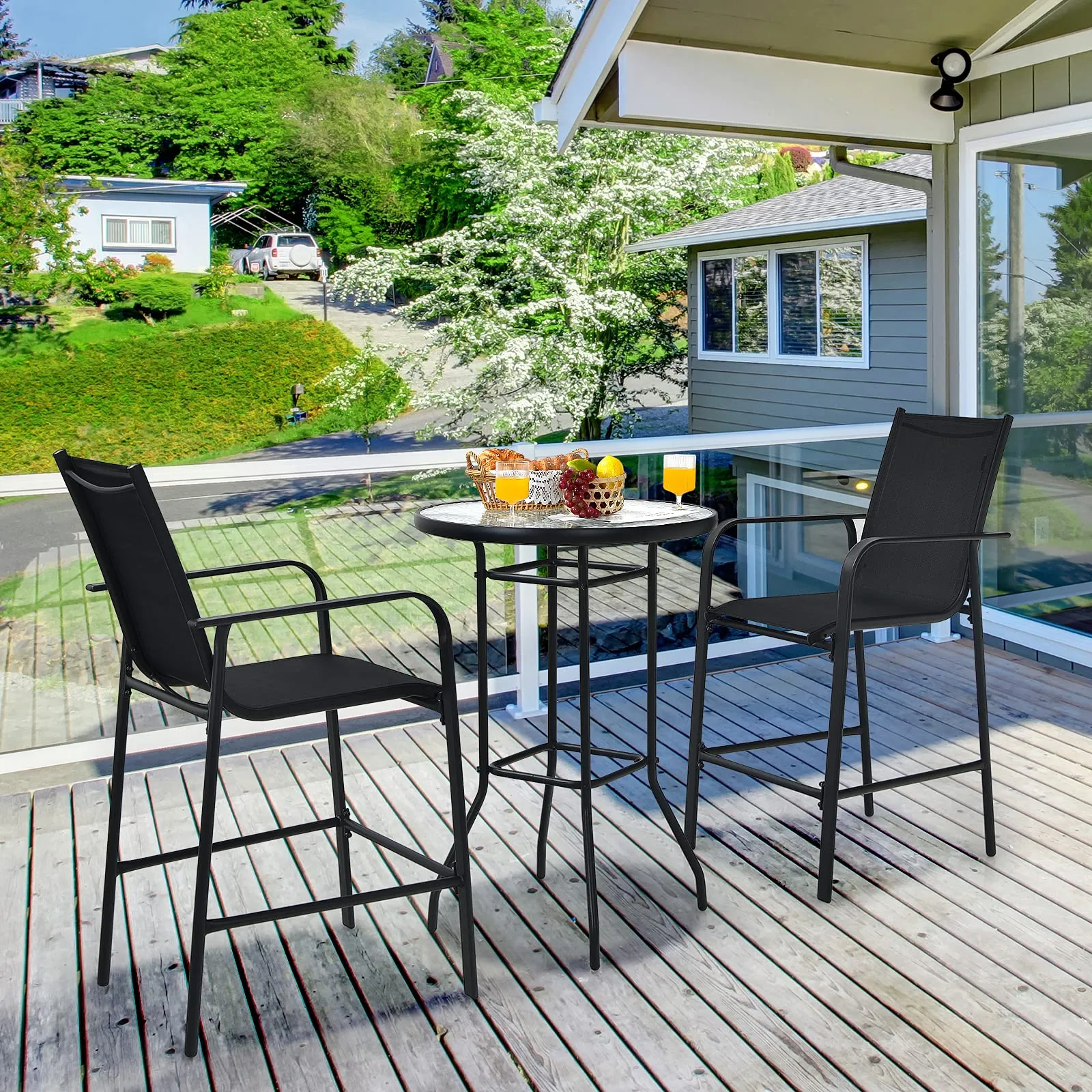 3 Pieces Outdoor Patio Bar Set, Outdoor Bistro Set with 2 Bar Stools and 1 Tempered Glass Bar Table