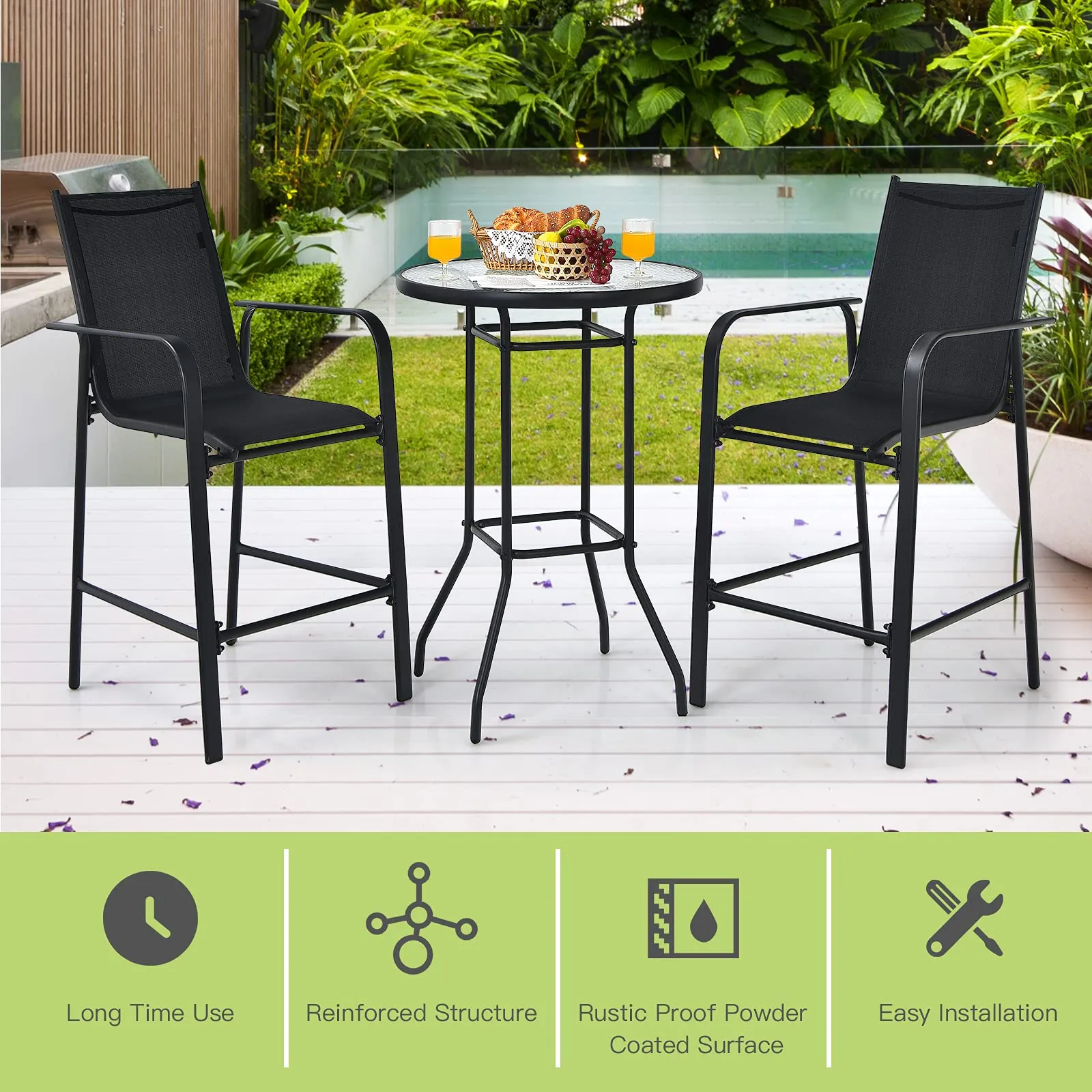 3 Pieces Outdoor Patio Bar Set, Outdoor Bistro Set with 2 Bar Stools and 1 Tempered Glass Bar Table