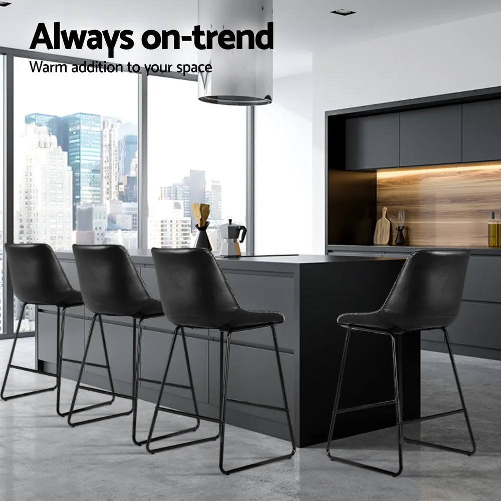 4x Bar Stools | Leather Padded | Metal Legs | Black