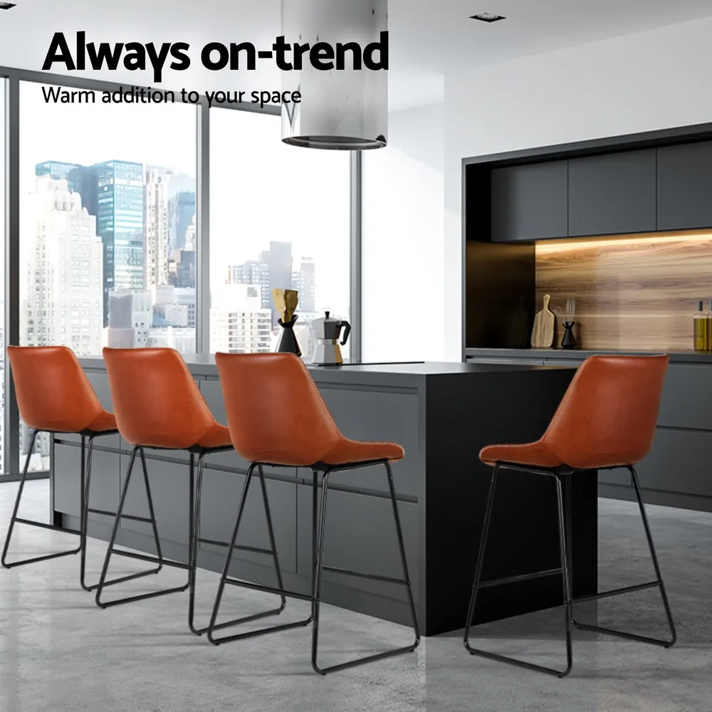 4x Bar Stools | Leather Padded | Metal Legs | Brown
