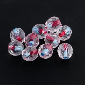 Vintage 1930s West German Clear Crystal Fire-Faceted Glass Rounds with Red and Turquoise Core. 7mm.  Pkg. of 10. b11-cr-0418